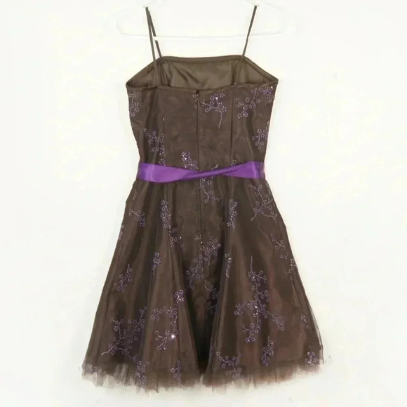 Vintage Jessica McClintock Gunne Sax Brown Tulle Purple Beaded Floral Dress - Picture 4 of 5